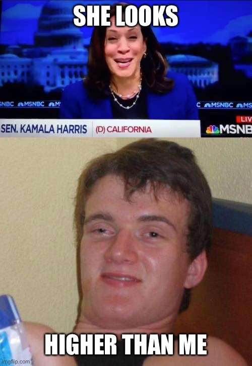 Higher than 10Guy? | SHE LOOKS; HIGHER THAN ME | image tagged in stoned guy,kamala,new look | made w/ Imgflip meme maker