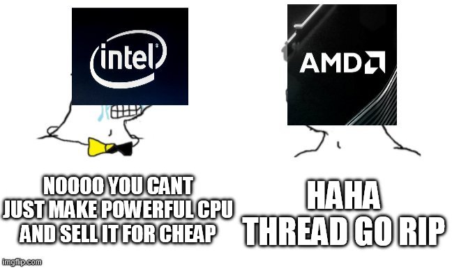 haha overclock goes vrooom | NOOOO YOU CANT JUST MAKE POWERFUL CPU AND SELL IT FOR CHEAP; HAHA THREAD GO RIP | image tagged in amd,intel,nooo haha go brrr,pc gaming,cpu | made w/ Imgflip meme maker