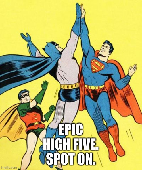 Epic High Five  | EPIC HIGH FIVE. SPOT ON. | image tagged in epic high five | made w/ Imgflip meme maker