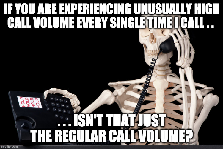 Unusually High Call Volume | IF YOU ARE EXPERIENCING UNUSUALLY HIGH CALL VOLUME EVERY SINGLE TIME I CALL . . . . . ISN'T THAT JUST THE REGULAR CALL VOLUME? | image tagged in on hold,call volume,irritating | made w/ Imgflip meme maker