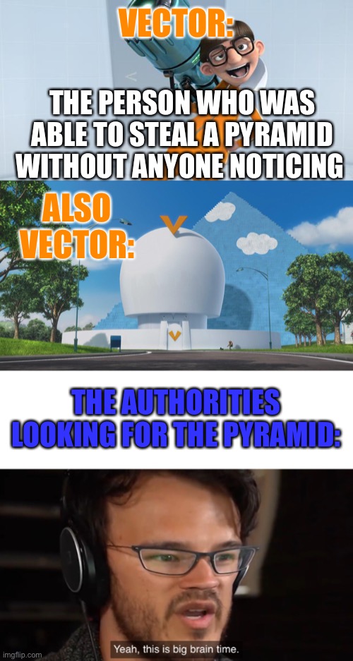 Vector the greatest evil known to man |  VECTOR:; THE PERSON WHO WAS ABLE TO STEAL A PYRAMID WITHOUT ANYONE NOTICING; ALSO VECTOR:; THE AUTHORITIES LOOKING FOR THE PYRAMID: | image tagged in vector despicable me,despicable me,yeah this is big brain time,you just got vectored | made w/ Imgflip meme maker