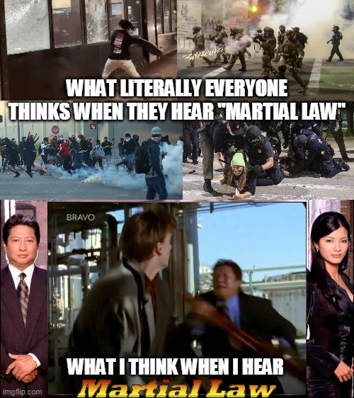 90's Martial Law | WHAT LITERALLY EVERYONE THINKS WHEN THEY HEAR "MARTIAL LAW"; WHAT I THINK WHEN I HEAR | image tagged in martial law,riots,portland,portlandia,minnesota,2020 | made w/ Imgflip meme maker