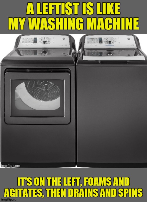 Leftists. You can't unplug them | A LEFTIST IS LIKE MY WASHING MACHINE; IT'S ON THE LEFT, FOAMS AND AGITATES, THEN DRAINS AND SPINS | image tagged in leftists,annoying,washing machine | made w/ Imgflip meme maker