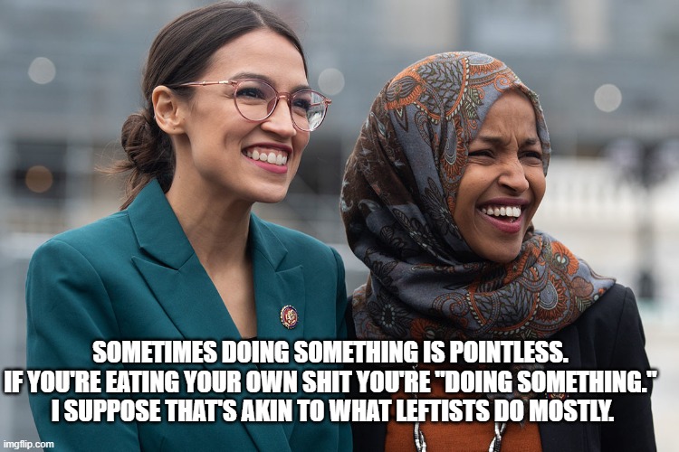 Democrats | SOMETIMES DOING SOMETHING IS POINTLESS. 
IF YOU'RE EATING YOUR OWN SHIT YOU'RE "DOING SOMETHING." 
I SUPPOSE THAT'S AKIN TO WHAT LEFTISTS DO MOSTLY. | image tagged in aoc,ilhan | made w/ Imgflip meme maker