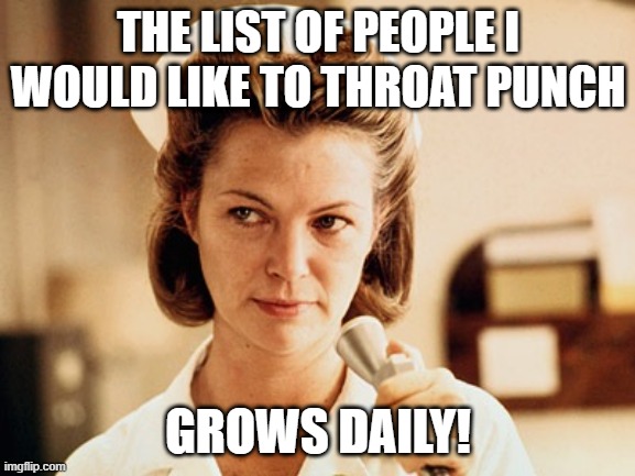 Nurse | THE LIST OF PEOPLE I WOULD LIKE TO THROAT PUNCH; GROWS DAILY! | image tagged in nurse ratched | made w/ Imgflip meme maker