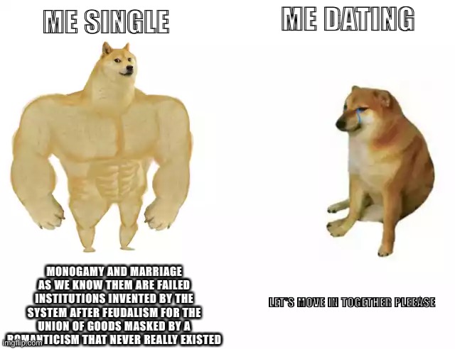 Monogamy and marriage | ME DATING; ME SINGLE; MONOGAMY AND MARRIAGE AS WE KNOW THEM ARE FAILED INSTITUTIONS INVENTED BY THE SYSTEM AFTER FEUDALISM FOR THE UNION OF GOODS MASKED BY A ROMANTICISM THAT NEVER REALLY EXISTED; LET'S MOVE IN TOGETHER PLEEASE | image tagged in buff doge vs cheems | made w/ Imgflip meme maker