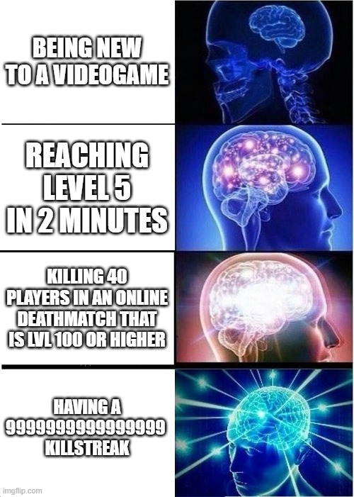 RPG LOGIC | BEING NEW TO A VIDEOGAME; REACHING LEVEL 5 IN 2 MINUTES; KILLING 40 PLAYERS IN AN ONLINE DEATHMATCH THAT IS LVL 100 OR HIGHER; HAVING A 9999999999999999 
KILLSTREAK | image tagged in memes,expanding brain | made w/ Imgflip meme maker