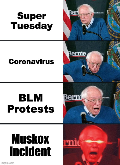 Bernie Sanders reaction (nuked) | Super Tuesday; Coronavirus; BLM Protests; Muskox incident | image tagged in bernie sanders reaction nuked,okbuddyhasan | made w/ Imgflip meme maker
