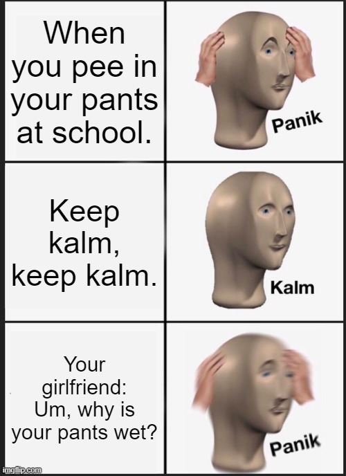 Yes upvote | When you pee in your pants at school. Keep kalm, keep kalm. Your girlfriend: Um, why is your pants wet? | image tagged in memes,panik kalm panik | made w/ Imgflip meme maker