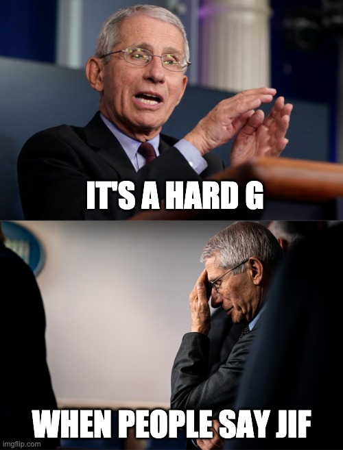 it's a hard g | IT'S A HARD G; WHEN PEOPLE SAY JIF | image tagged in fauci,gif | made w/ Imgflip meme maker