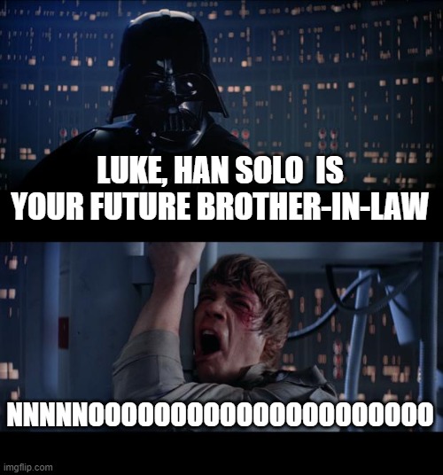 Star Wars No | LUKE, HAN SOLO  IS YOUR FUTURE BROTHER-IN-LAW; NNNNNOOOOOOOOOOOOOOOOOOOOO | image tagged in memes,star wars no | made w/ Imgflip meme maker