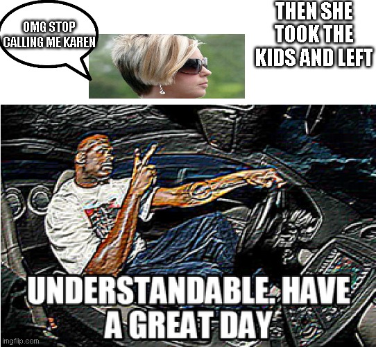 she took them NOOOOOOOOOOOOO | THEN SHE TOOK THE KIDS AND LEFT; OMG STOP CALLING ME KAREN | image tagged in understandable have a great day | made w/ Imgflip meme maker