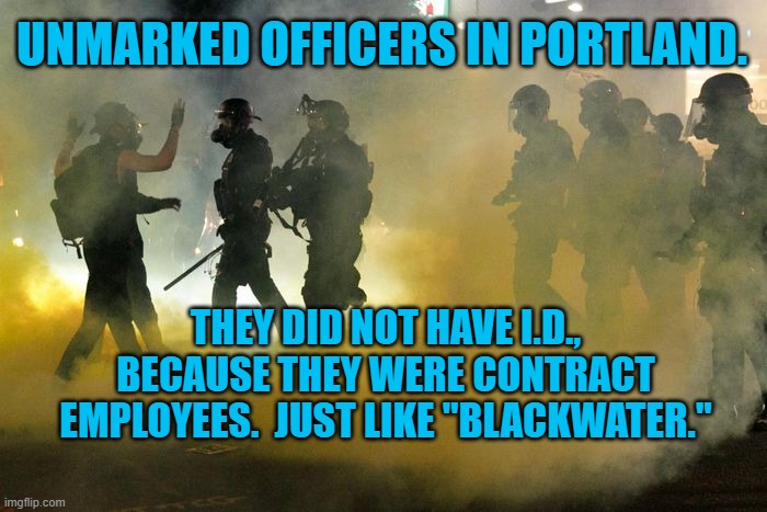 President Pandemic Brings "Blackwater," To America | UNMARKED OFFICERS IN PORTLAND. THEY DID NOT HAVE I.D., BECAUSE THEY WERE CONTRACT EMPLOYEES.  JUST LIKE "BLACKWATER." | image tagged in politics | made w/ Imgflip meme maker