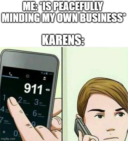 Calling 911 | ME: *IS PEACEFULLY  MINDING MY OWN BUSINESS*; KARENS: | image tagged in calling 911 | made w/ Imgflip meme maker