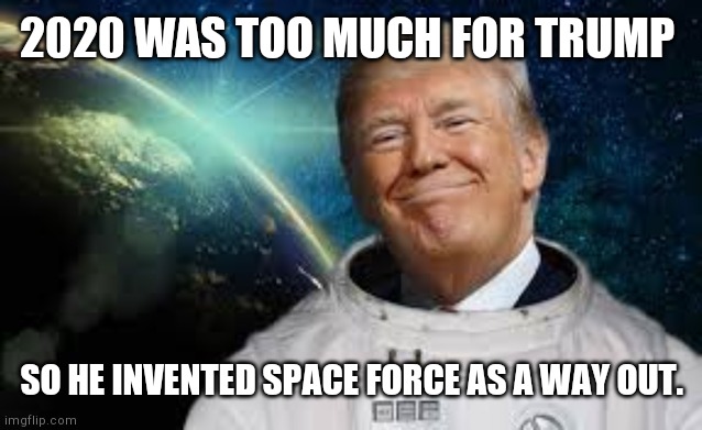 Trump US Space Force | 2020 WAS TOO MUCH FOR TRUMP; SO HE INVENTED SPACE FORCE AS A WAY OUT. | image tagged in trump us space force | made w/ Imgflip meme maker