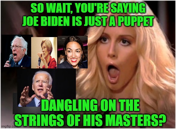 Joe Biden: Hanging on Tight to his Strings | SO WAIT, YOU'RE SAYING JOE BIDEN IS JUST A PUPPET; DANGLING ON THE STRINGS OF HIS MASTERS? | image tagged in joe biden,monkey puppet,bernie sanders,elizabeth warren,aoc | made w/ Imgflip meme maker