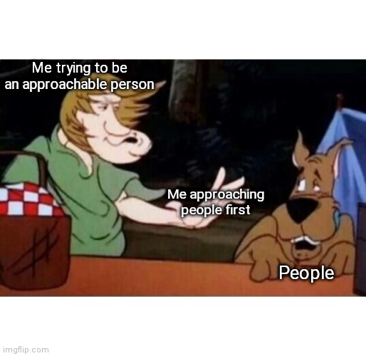 Approachable | Me trying to be an approachable person; Me approaching people first; People | image tagged in scooby doo,memes,oof,funny | made w/ Imgflip meme maker