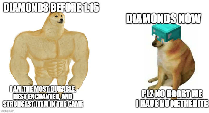Minecraft | DIAMONDS BEFORE 1.16; DIAMONDS NOW; I AM THE MOST DURABLE, BEST ENCHANTED, AND STRONGEST ITEM IN THE GAME; PLZ NO HOORT ME
I HAVE NO NETHERITE | image tagged in buff doge vs crying cheems | made w/ Imgflip meme maker