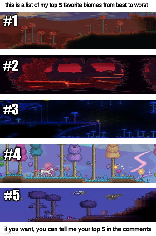 this was hard to make so i hope you like it | this is a list of my top 5 favorite biomes from best to worst; #1; #2; #3; #4; #5; if you want, you can tell me your top 5 in the comments | image tagged in terraria | made w/ Imgflip meme maker
