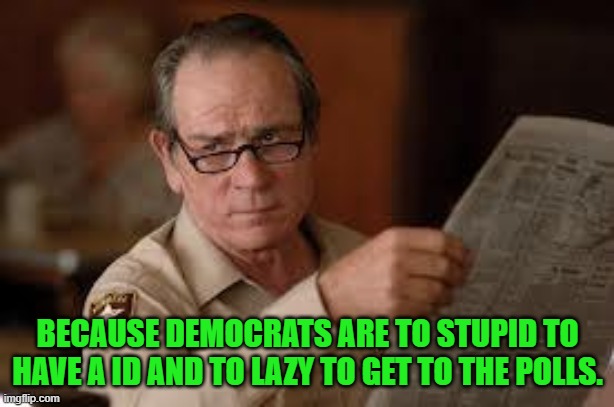no country for old men tommy lee jones | BECAUSE DEMOCRATS ARE TO STUPID TO HAVE A ID AND TO LAZY TO GET TO THE POLLS. | image tagged in no country for old men tommy lee jones | made w/ Imgflip meme maker