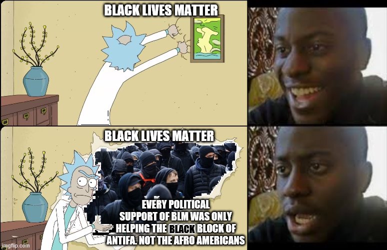 They are not talking about you.It is not hypocrisy, It is a trap. | BLACK LIVES MATTER; BLACK LIVES MATTER; EVERY POLITICAL SUPPORT OF BLM WAS ONLY HELPING THE BLACK BLOCK OF ANTIFA. NOT THE AFRO AMERICANS; BLACK | image tagged in before and after reaction,rick and morty,rick rips wallpaper,antifa,black lives matter | made w/ Imgflip meme maker