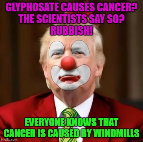 Donald Trump Clown | GLYPHOSATE CAUSES CANCER?
THE SCIENTISTS SAY SO?
RUBBISH! EVERYONE KNOWS THAT CANCER IS CAUSED BY WINDMILLS | image tagged in donald trump clown | made w/ Imgflip meme maker