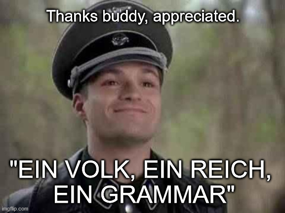 When a grammar Nazi corrects you | "EIN VOLK, EIN REICH, 
EIN GRAMMAR" Thanks buddy, appreciated. | image tagged in grammar nazi,memes,thank you | made w/ Imgflip meme maker