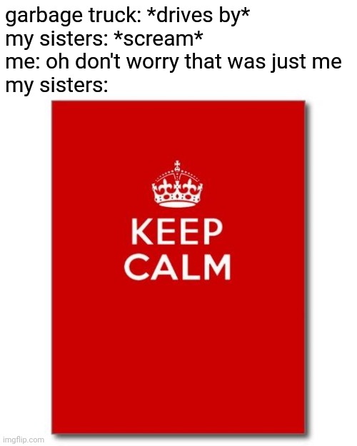 ...that kinda stung tho | garbage truck: *drives by*
my sisters: *scream*
me: oh don't worry that was just me
my sisters: | image tagged in keep calm | made w/ Imgflip meme maker