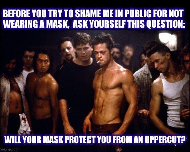 Go ahead punk, make my day | BEFORE YOU TRY TO SHAME ME IN PUBLIC FOR NOT 
WEARING A MASK,  ASK YOURSELF THIS QUESTION:; WILL YOUR MASK PROTECT YOU FROM AN UPPERCUT? | image tagged in fight club,mask,coronavirus,memes,funny,frontpage | made w/ Imgflip meme maker