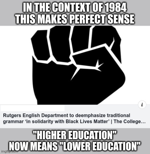 Why not emphasize education? | IN THE CONTEXT OF 1984 THIS MAKES PERFECT SENSE; "HIGHER EDUCATION" NOW MEANS "LOWER EDUCATION" | image tagged in blm,idiocracy | made w/ Imgflip meme maker