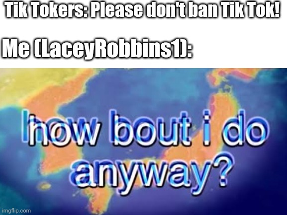 Tik Tokers: Please don't ban Tik Tok! Me (LaceyRobbins1): | made w/ Imgflip meme maker
