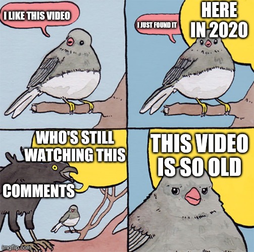 Interrupting bird | HERE IN 2020; I LIKE THIS VIDEO; I JUST FOUND IT; WHO'S STILL WATCHING THIS; THIS VIDEO IS SO OLD; COMMENTS | image tagged in interrupting bird | made w/ Imgflip meme maker