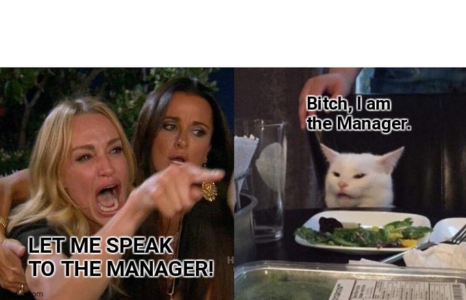 Woman Yelling At Cat | Bitch, I am the Manager. LET ME SPEAK TO THE MANAGER! | image tagged in memes,woman yelling at cat | made w/ Imgflip meme maker