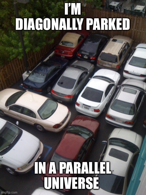Game Day Parking Lot | I’M DIAGONALLY PARKED IN A PARALLEL UNIVERSE | image tagged in game day parking lot | made w/ Imgflip meme maker