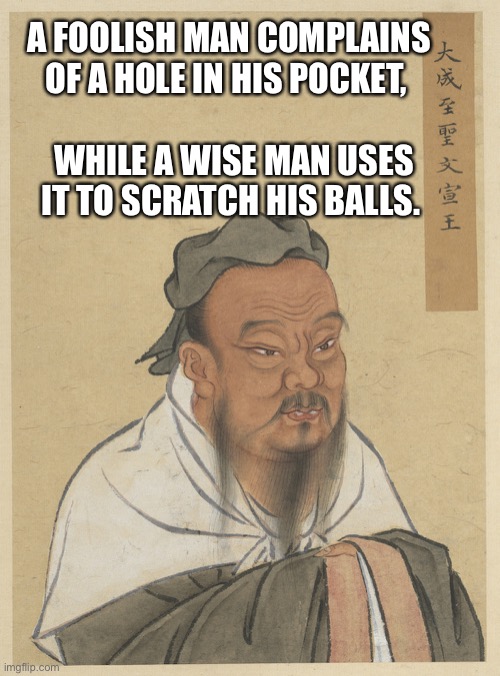 A wise man once said: | A FOOLISH MAN COMPLAINS OF A HOLE IN HIS POCKET, WHILE A WISE MAN USES IT TO SCRATCH HIS BALLS. | image tagged in confuscius,wise man,fortune cookie,memes,funny,joke | made w/ Imgflip meme maker