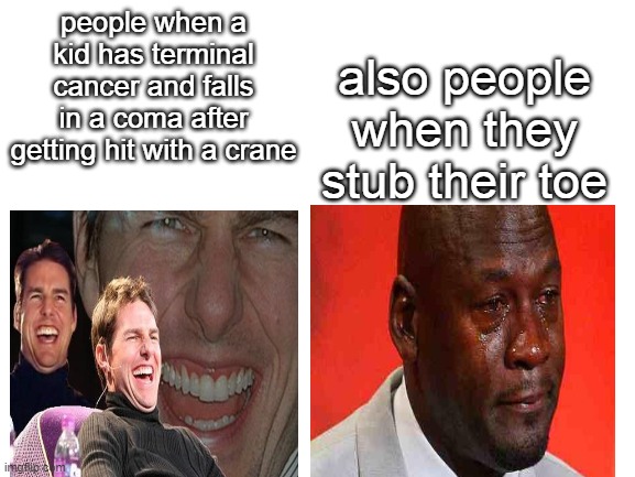 k | people when a kid has terminal cancer and falls in a coma after getting hit with a crane; also people when they stub their toe | image tagged in blank white template | made w/ Imgflip meme maker