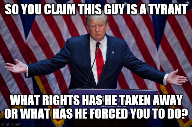 Donald Trump | SO YOU CLAIM THIS GUY IS A TYRANT; WHAT RIGHTS HAS HE TAKEN AWAY OR WHAT HAS HE FORCED YOU TO DO? | image tagged in donald trump,memes | made w/ Imgflip meme maker