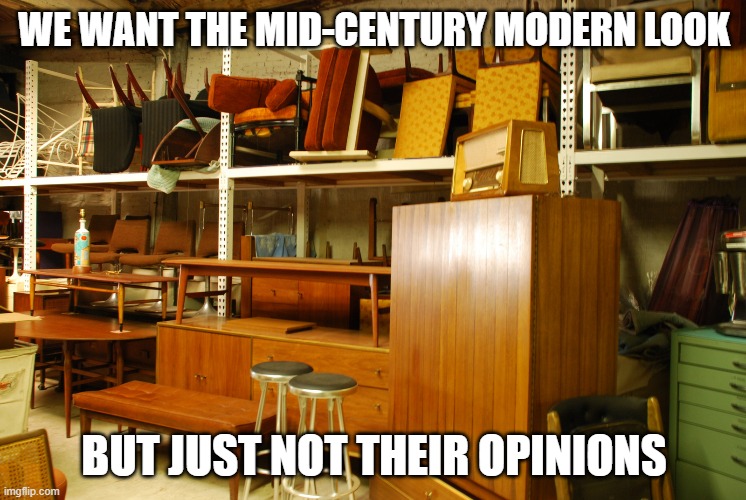 mid century office furniture | WE WANT THE MID-CENTURY MODERN LOOK; BUT JUST NOT THEIR OPINIONS | image tagged in mid century office furniture | made w/ Imgflip meme maker