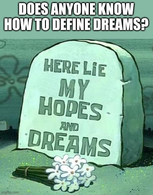Here Lie My Hopes And Dreams | DOES ANYONE KNOW HOW TO DEFINE DREAMS? | image tagged in here lie my hopes and dreams | made w/ Imgflip meme maker