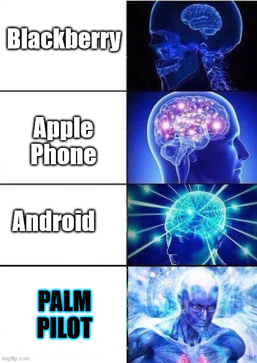 phone hierarchy | Blackberry; Apple Phone; Android; PALM PILOT | image tagged in brain mind expanding | made w/ Imgflip meme maker
