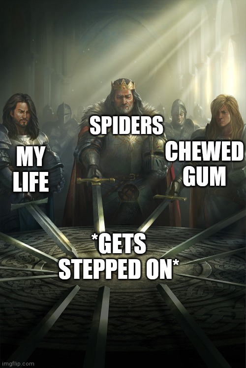 Jshd dufndudndudndu | SPIDERS; CHEWED GUM; MY LIFE; *GETS STEPPED ON* | image tagged in swords united | made w/ Imgflip meme maker