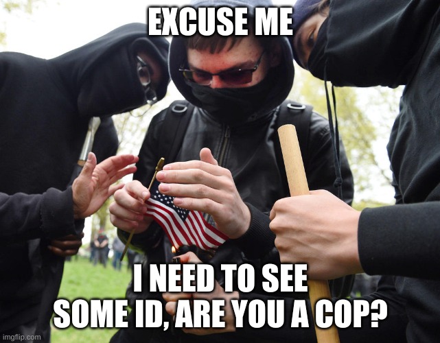 Antifa Sparks Micro-Revolution | EXCUSE ME I NEED TO SEE SOME ID, ARE YOU A COP? | image tagged in antifa sparks micro-revolution | made w/ Imgflip meme maker