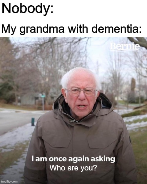 Who are you? | Nobody:; My grandma with dementia:; Who are you? | image tagged in memes,bernie i am once again asking for your support,funny,dementia,grandma | made w/ Imgflip meme maker