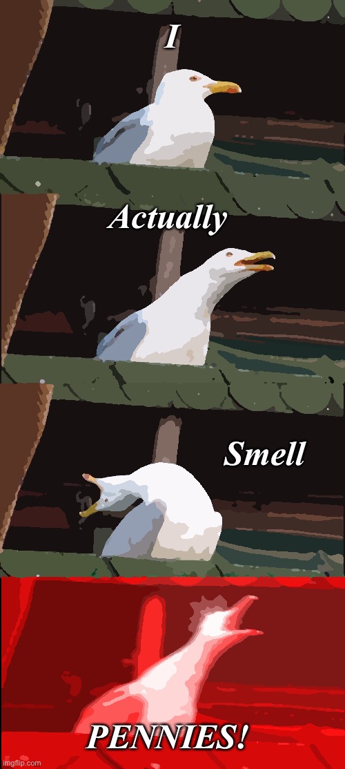 Lol | I; Actually; Smell; PENNIES! E | image tagged in memes,inhaling seagull | made w/ Imgflip meme maker