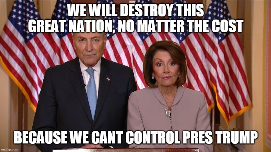 Destroy America, Trump Hate | WE WILL DESTROY THIS GREAT NATION, NO MATTER THE COST; BECAUSE WE CANT CONTROL PRES TRUMP | image tagged in chuck and nancy | made w/ Imgflip meme maker