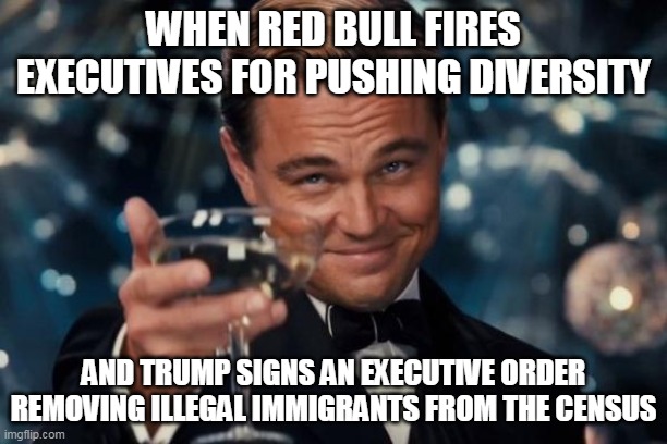 Leonardo Dicaprio Cheers Meme | WHEN RED BULL FIRES EXECUTIVES FOR PUSHING DIVERSITY; AND TRUMP SIGNS AN EXECUTIVE ORDER REMOVING ILLEGAL IMMIGRANTS FROM THE CENSUS | image tagged in memes,leonardo dicaprio cheers | made w/ Imgflip meme maker