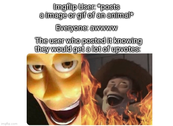 Satanic Woody | Everyone: awwww; Imgflip User: *posts a image or gif of an animal*; The user who posted it knowing they would get a lot of upvotes: | image tagged in satanic woody | made w/ Imgflip meme maker