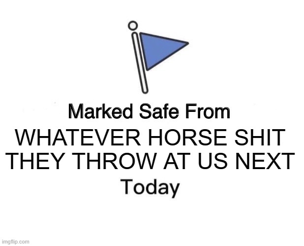 Marked Safe From Meme | WHATEVER HORSE SHIT THEY THROW AT US NEXT | image tagged in memes,marked safe from | made w/ Imgflip meme maker
