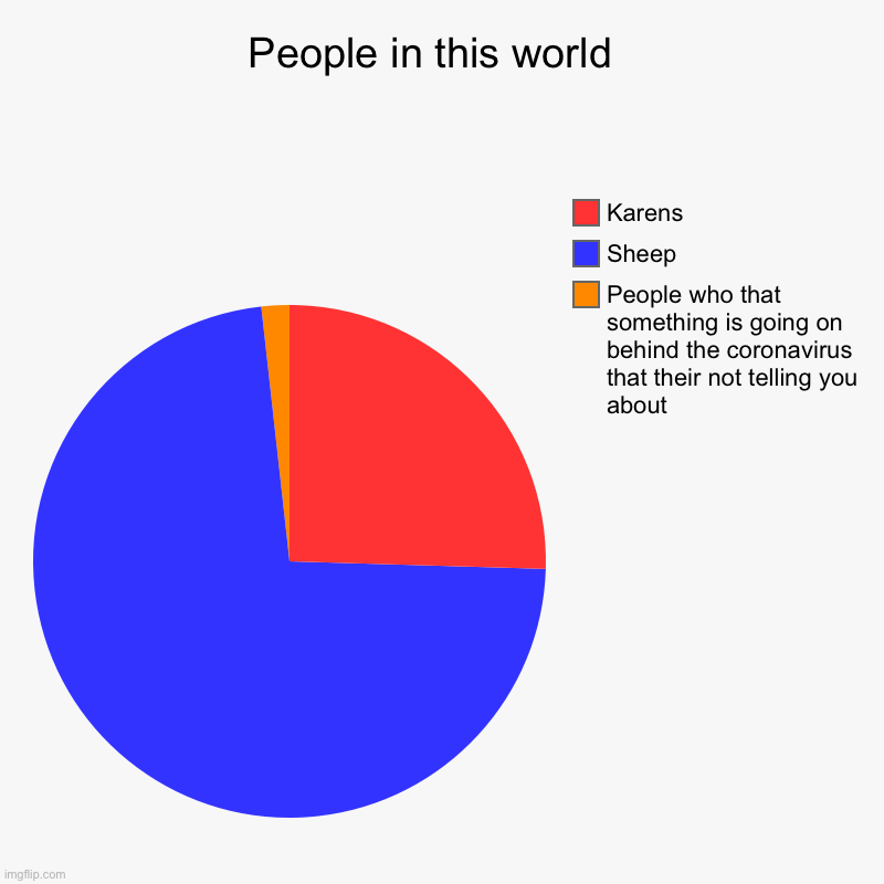 People in this world  | People who that something is going on behind the coronavirus that their not telling you about , Sheep, Karens | image tagged in charts,pie charts | made w/ Imgflip chart maker