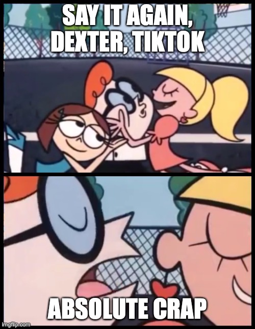 Literally every Imgflip user's opinion | SAY IT AGAIN, DEXTER, TIKTOK; ABSOLUTE CRAP | image tagged in memes,say it again dexter | made w/ Imgflip meme maker